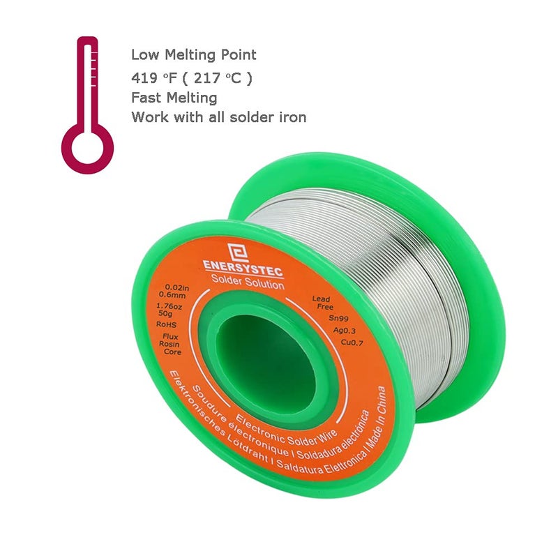 E ENERSYSTEC Solder Wire Rosin Core No Lead Wire Thin 0.6mm 50g Fine Solder with Flux 2.5 PB Free Sn99 Ag0.3 Cu0.7 Flow 0.11lb Electronics Soldering DIY Repair Tiny - Image 5